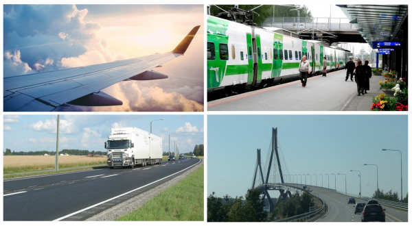 flygplan, tåg, långtradare och bro