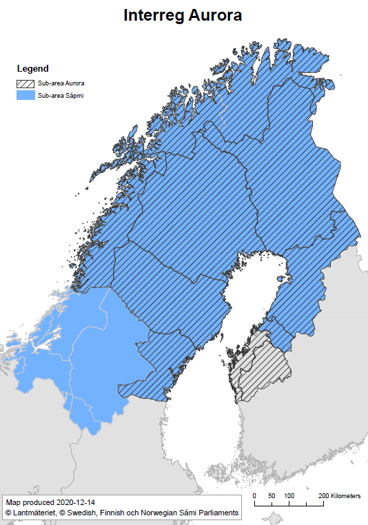 Karta där Interreg Aurora-området är markerat. Kartta, jossa Interreg Aurora-alue on merkitty.