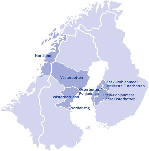 Karta där Botnia-Atlantica-området är markerat. Kartta, jossa Botnia-Atlantica-alue on merkitty.