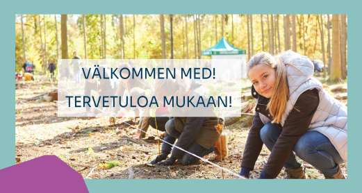 Undomar som planterar träd. Text Välkommen med. 