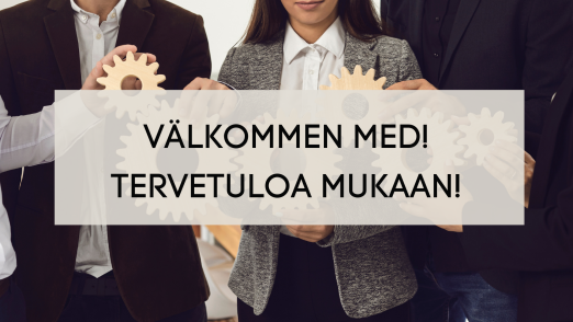 Människor som har kugghjul av trä i händer. Texten: Välkommen med. 