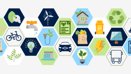 Illustration med ikoner för hållbarhet och cirkulär ekonomi, såsom återvinning, förnybar energi, elfordon, energieffektivitet, grön mobilitet och miljövänliga lösningar. Kuvitus kestävän kehityksen ja kiertotalouden teemoista, kuten kierrätyksestä, uusiut