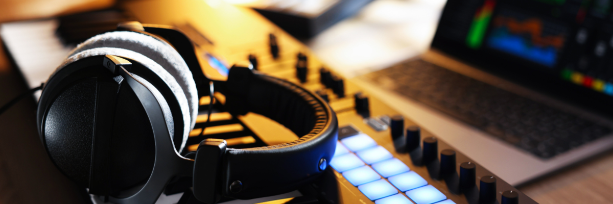 Hörlurar ligger ovanpå ett MIDI‑keyboard i en musikstudio, med en bärbar dator och ljudprogram i bakgrunden. Kuulokkeet lepäävät MIDI‑kosketinsoittimen päällä musiikkistudiossa, taustalla kannettava tietokone ja ääniohjelmisto.