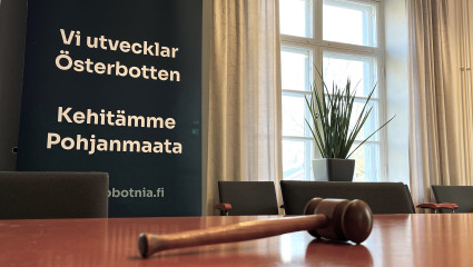 Klubba på mötesbord i Österbottens förbunds sammanträdesrum. I bakgrunden syns en rollup med texten ”Vi utvecklar Österbotten”. Nuija Pohjanmaan liiton kokoushuoneen pöydällä. Taustalla näkyy roll-up, jossa lukee ”Kehitämme Pohjanmaata”.